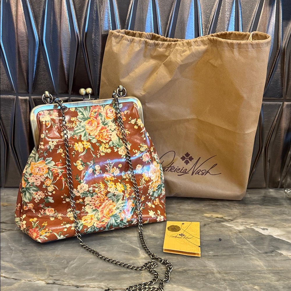 Patricia Nash Brown Floral Patent Frame-Top Shoulder Bag with Chain Strap